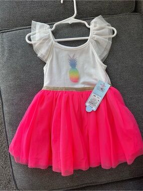 Cat & Jack Neon Pineapple Dress with Neon Pink Skirt Gold Glitter Waistband 12M